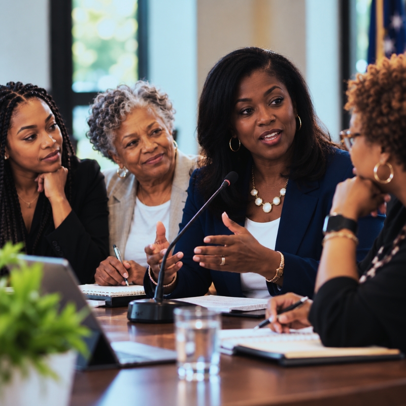 Black woman leading a community policy discussion with women of different generations gathered around a conference table.