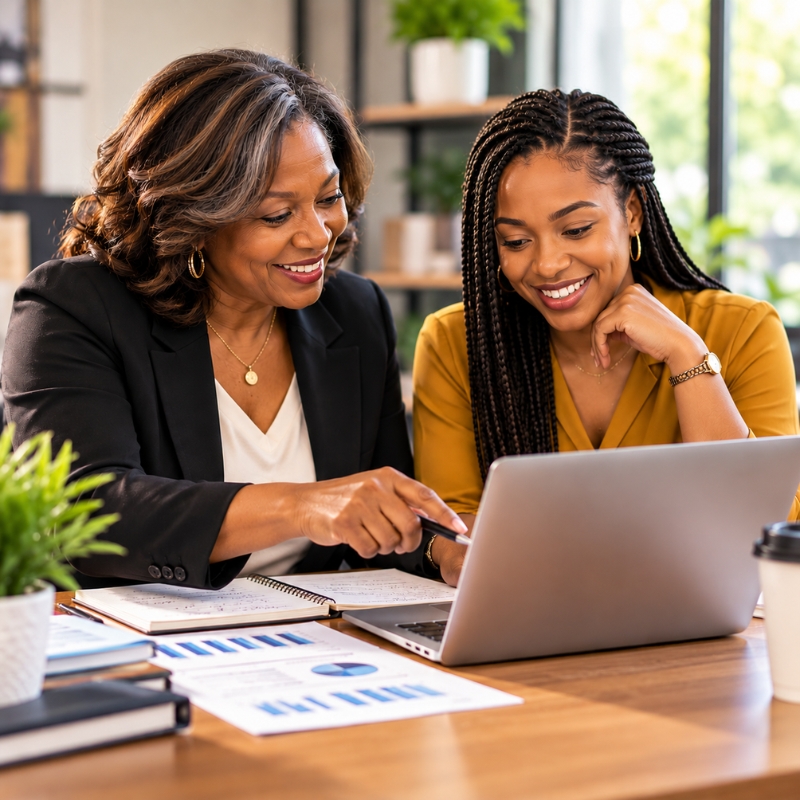 Black woman mentoring a younger woman in financial planning and business development while reviewing information on a laptop.