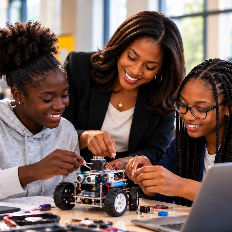 Black female mentor guiding two teenage girls through a hands-on robotics project during a STEM learning session.