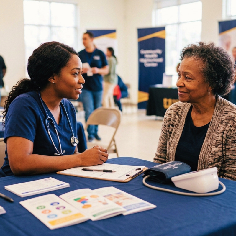 Black healthcare professional discussing preventive health and wellness with an older woman at a community outreach event.
